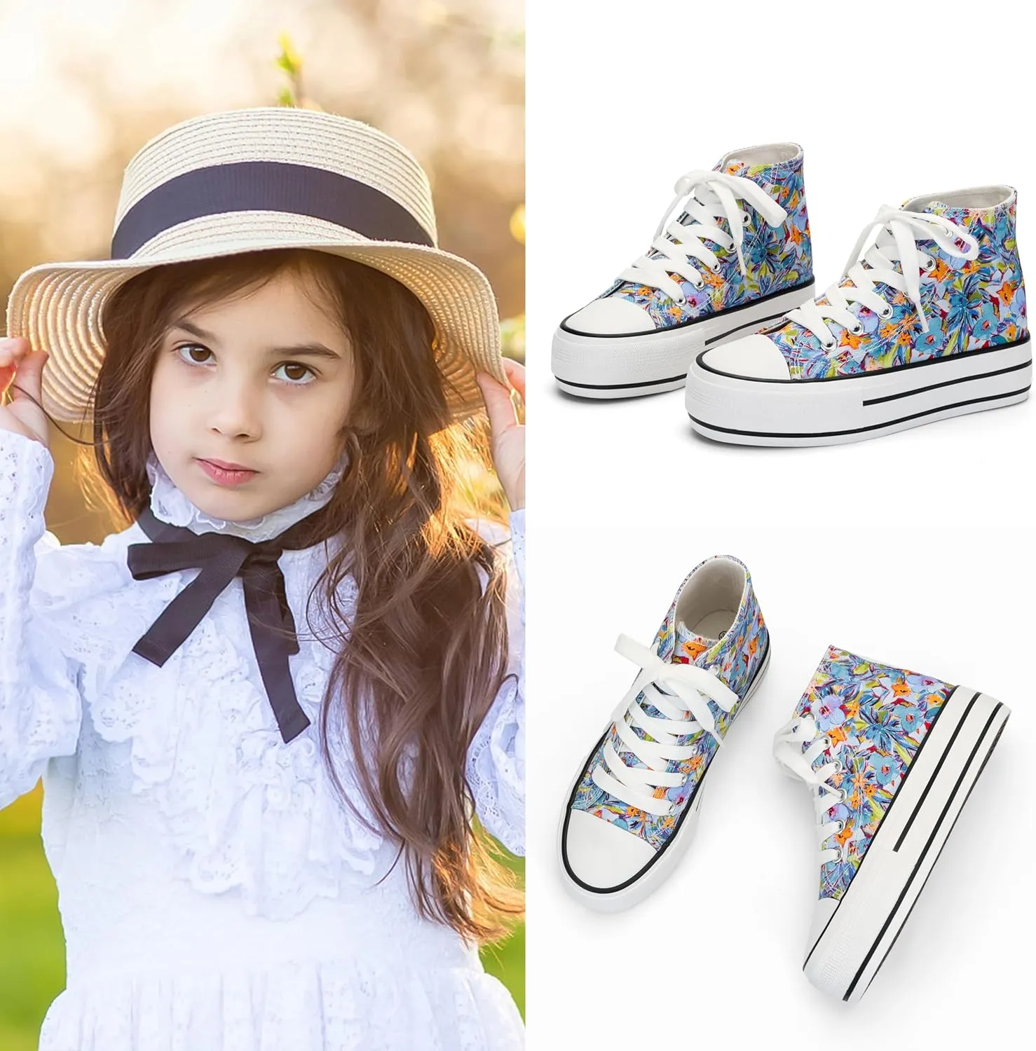 ANTLULU Girls Platform Canvas Shoes Low Top and High Top Canvas Sneakers Lace-up Fashion Casual Shoes for Girls