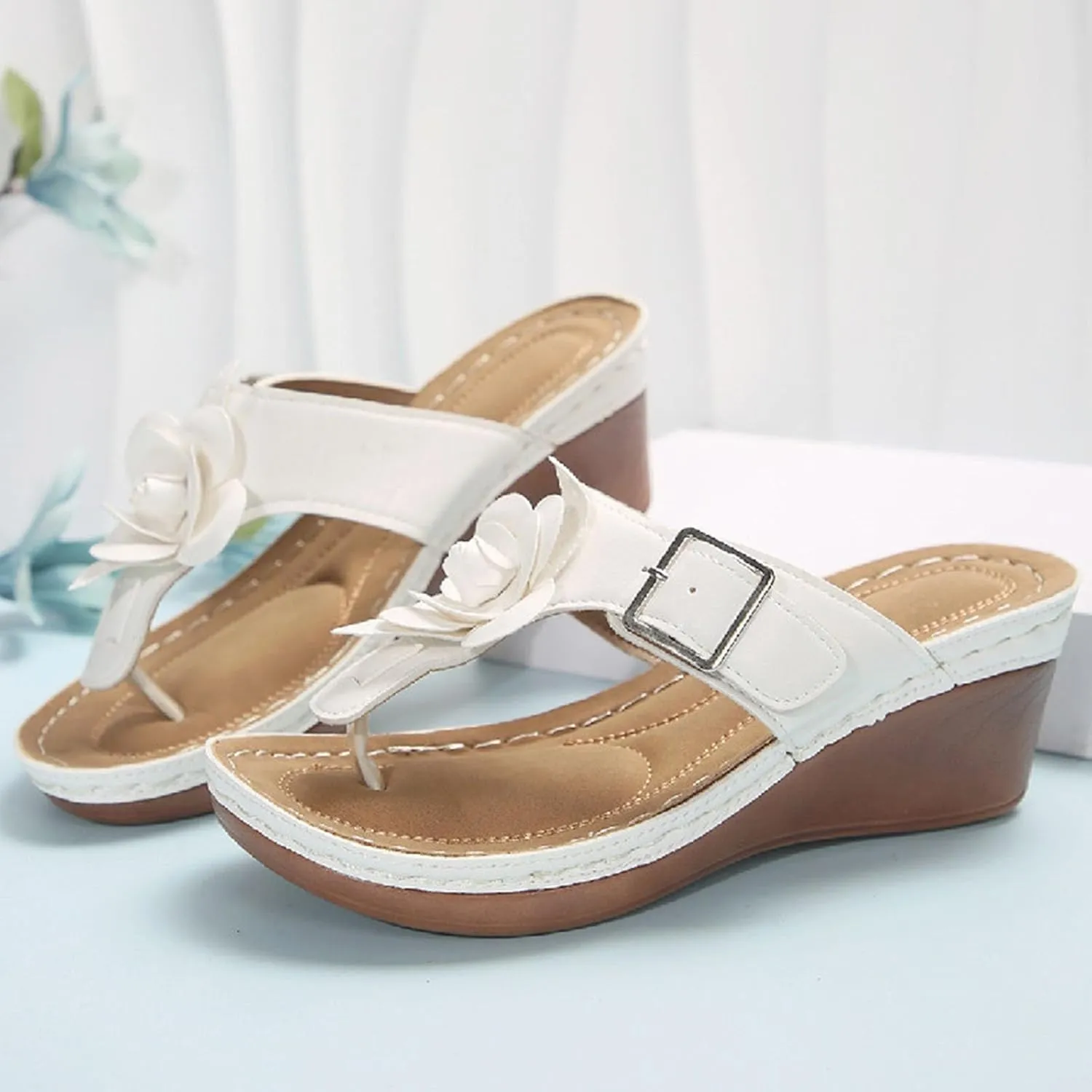 Arch Support Flip Flops Women Comfort Orthopedic Sandals Dressy Summer Chic Flower Slip on Wedge Thong Sandal Slides