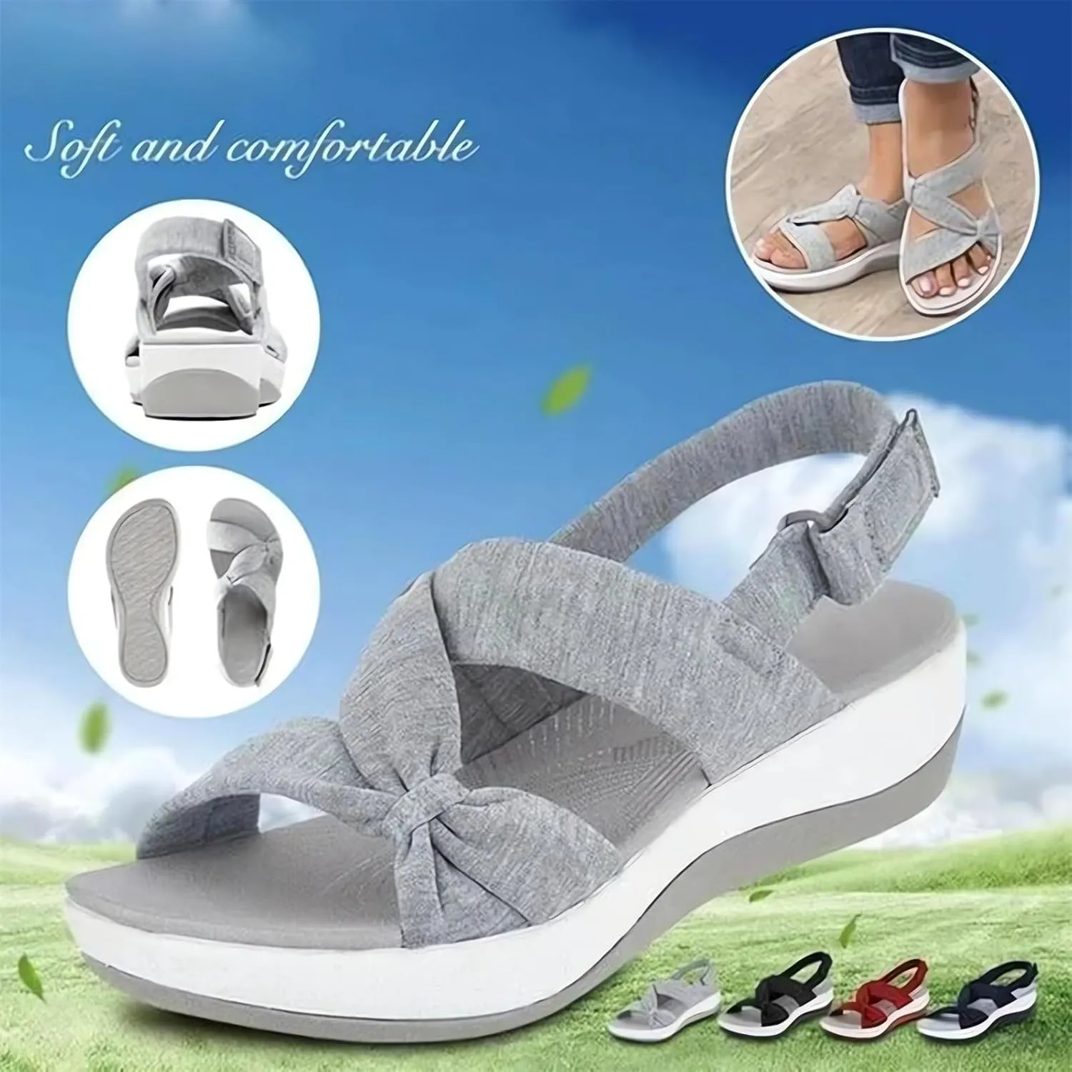 Arch Support Sandals Women's 2025 Low Platform Wedges Sandals Adjustable Hook Loop Fishmouth Open Toe Shoes Slip-On Comfy Walking Shoes