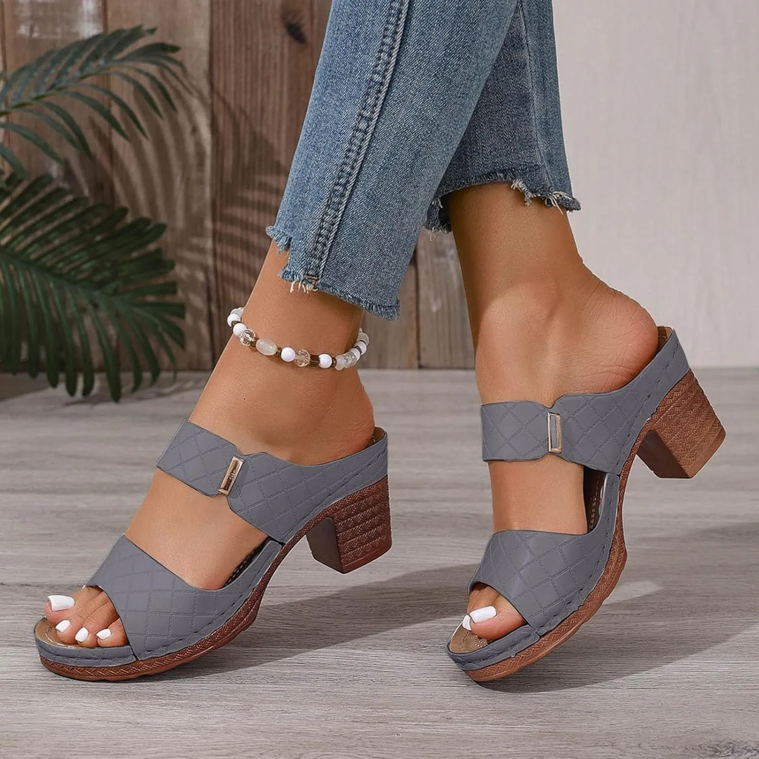 Block Heel Sandals for Women Heeled Two Strap Open Toe Low Chunky Heels Slip On Comfortable Womens Mid Ankle Sandal Casual Slippers Summer Backless Mules Slide Walking Shoes For Party Beach Vacation