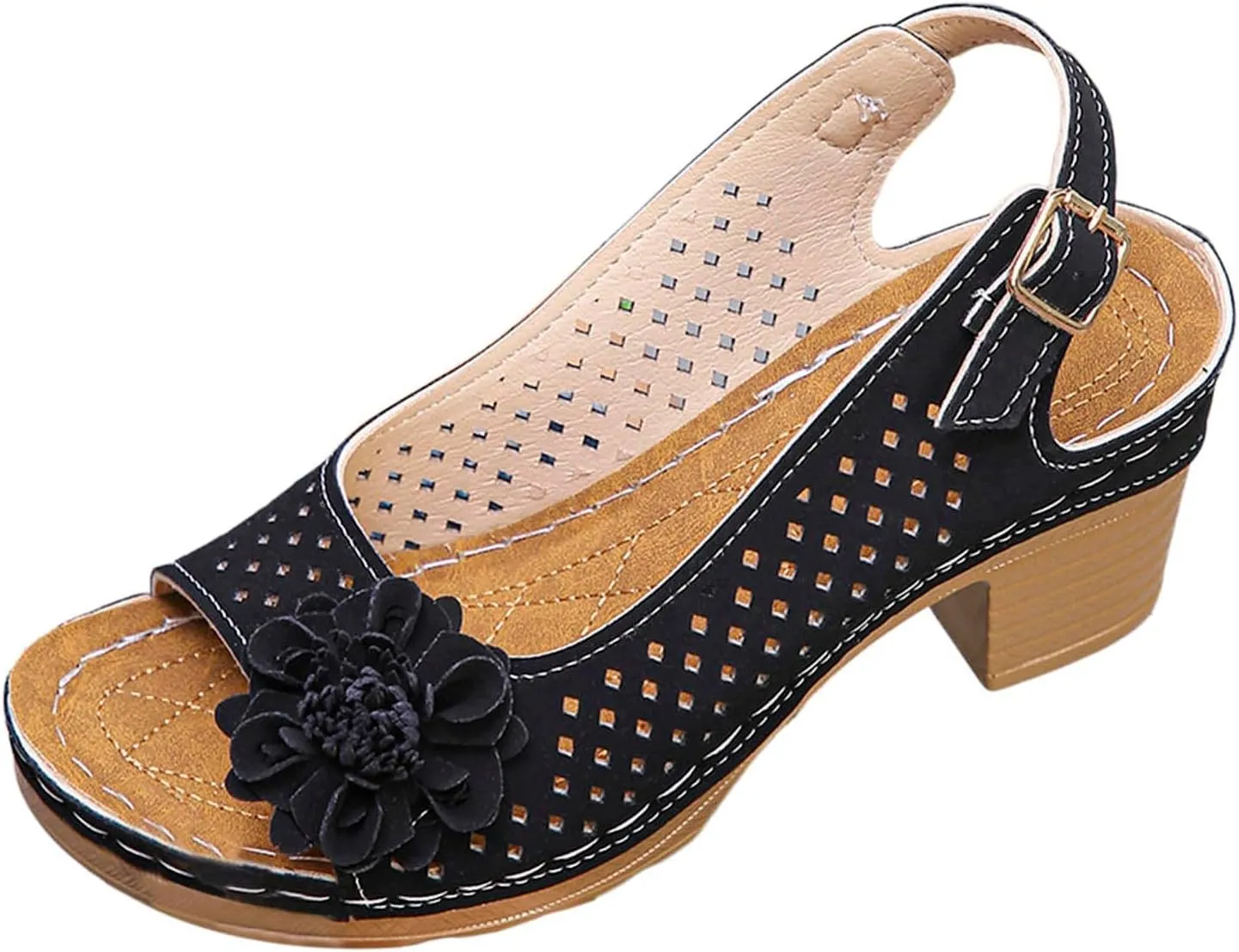 Block Heel Sandals For Women,Women's Heeled Sandals 2025 Summer Open Toe Ankle Buckle Strap Chunky Womens High Heels Fish Mouth Flowers Casual Hollow Out Non Slip Platform Fashion Shoes