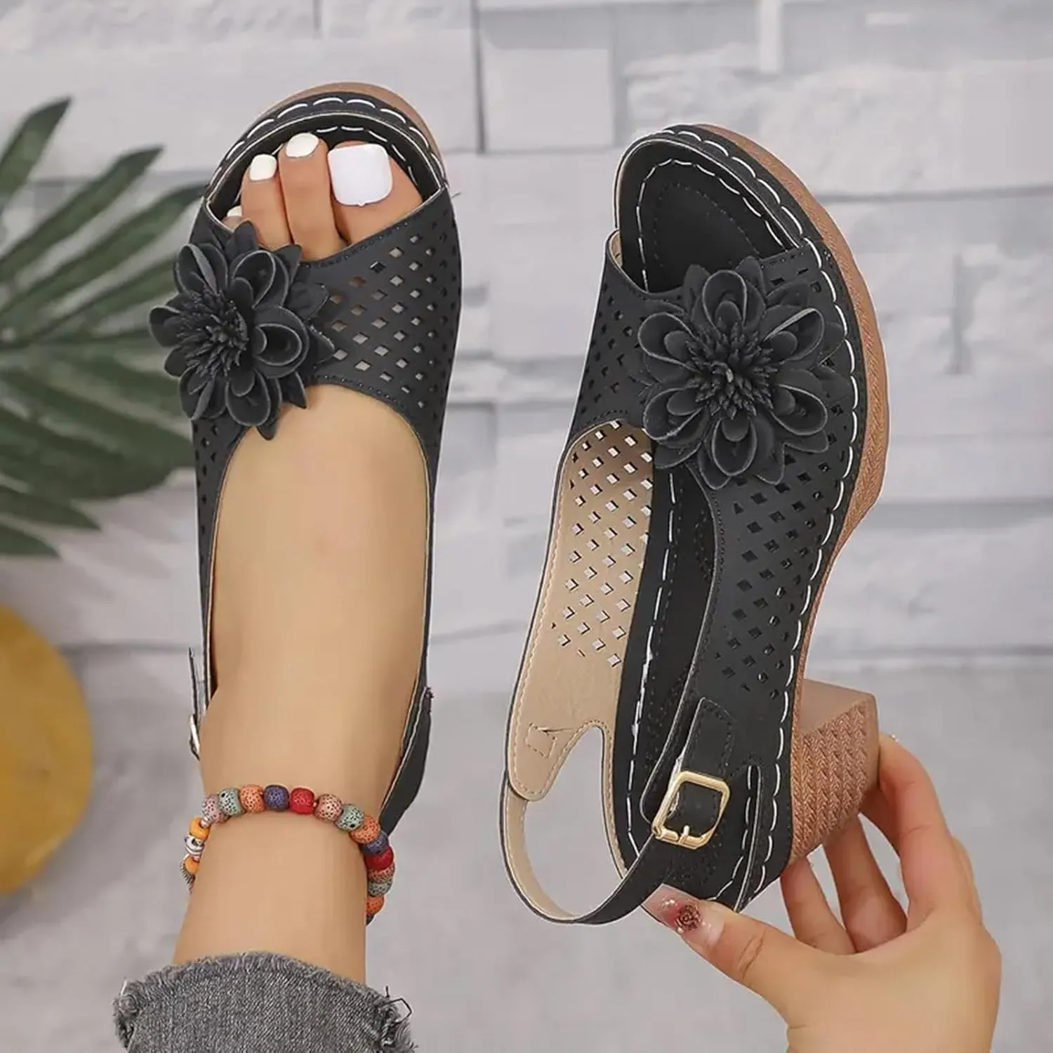 Block Heel Sandals For Women,Women's Heeled Sandals 2025 Summer Open Toe Ankle Buckle Strap Chunky Womens High Heels Fish Mouth Flowers Casual Hollow Out Non Slip Platform Fashion Shoes