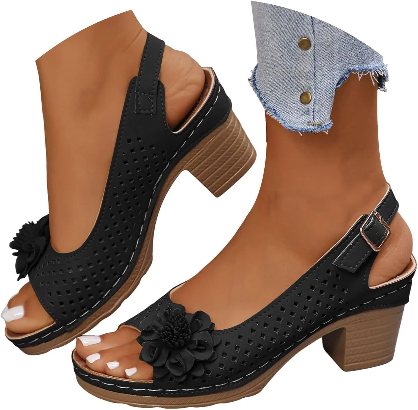 Block Heel Sandals For Women,Women's Heeled Sandals 2025 Summer Open Toe Ankle Buckle Strap Chunky Womens High Heels Fish Mouth Flowers Casual Hollow Out Non Slip Platform Fashion Shoes
