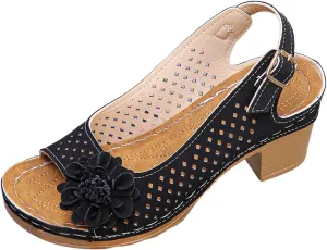 Block Heel Sandals For Women,Women's Heeled Sandals 2025 Summer Open Toe Ankle Buckle Strap Chunky Womens High Heels Fish Mouth Flowers Casual Hollow Out Non Slip Platform Fashion Shoes