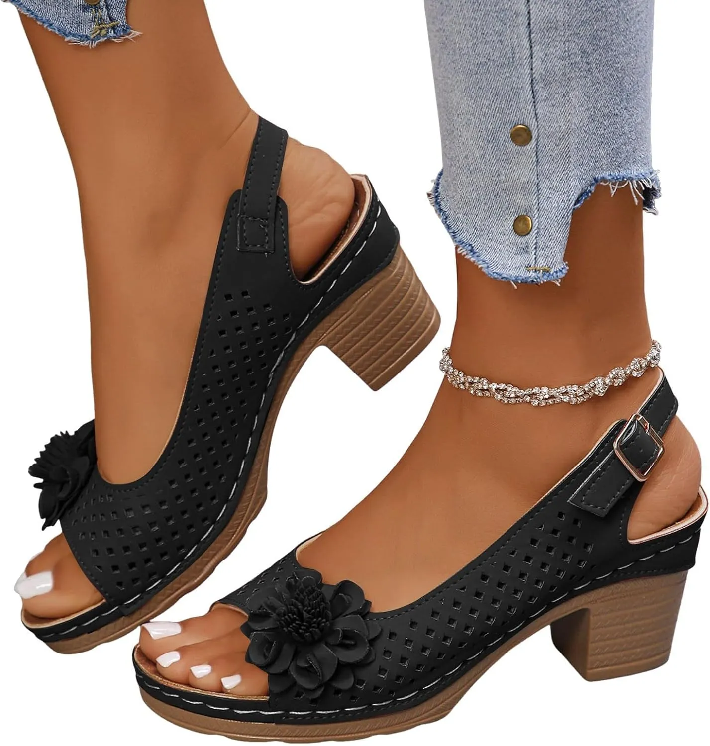 Block Heel Sandals For Women,Women's Heeled Sandals 2025 Summer Open Toe Ankle Buckle Strap Chunky Womens High Heels Fish Mouth Flowers Casual Hollow Out Non Slip Platform Fashion Shoes