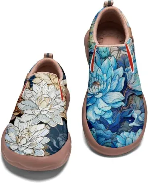 Boys Girls Painted Shoes Slip On Casual Kid's Loafers Lightweight Comfort Fashion Travel Sneaker Lotus Chinese Style