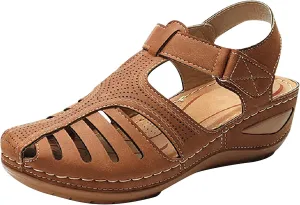Bravetoshop Womens Wedge Sandals, Comfort Hook and Loop Summer Athletic Flat Sandals Walking Shoes (Brown,13 US)
