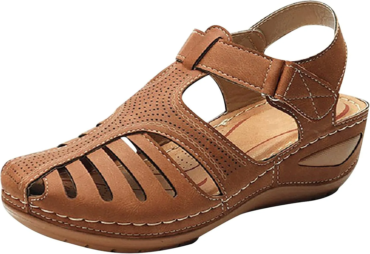 Bravetoshop Womens Wedge Sandals, Comfort Hook and Loop Summer Athletic Flat Sandals Walking Shoes (Brown,13 US)
