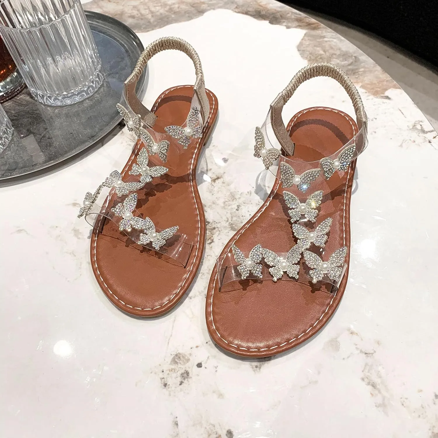 Butterfly Sandals for Women Rhinestones Elastic Ankle Strap Sandals Open Toe Slingback Fashion Butterfly Sandals