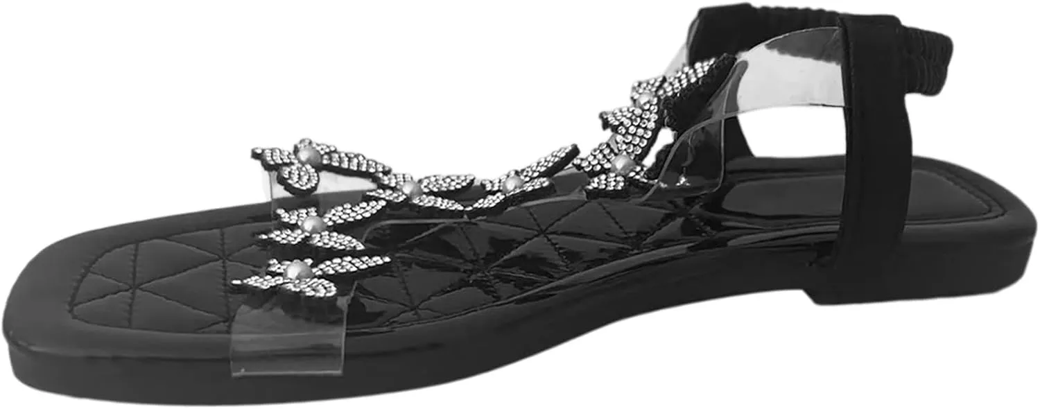 Butterfly Sandals for Women Rhinestones Elastic Ankle Strap Sandals Open Toe Slingback Fashion Butterfly Sandals