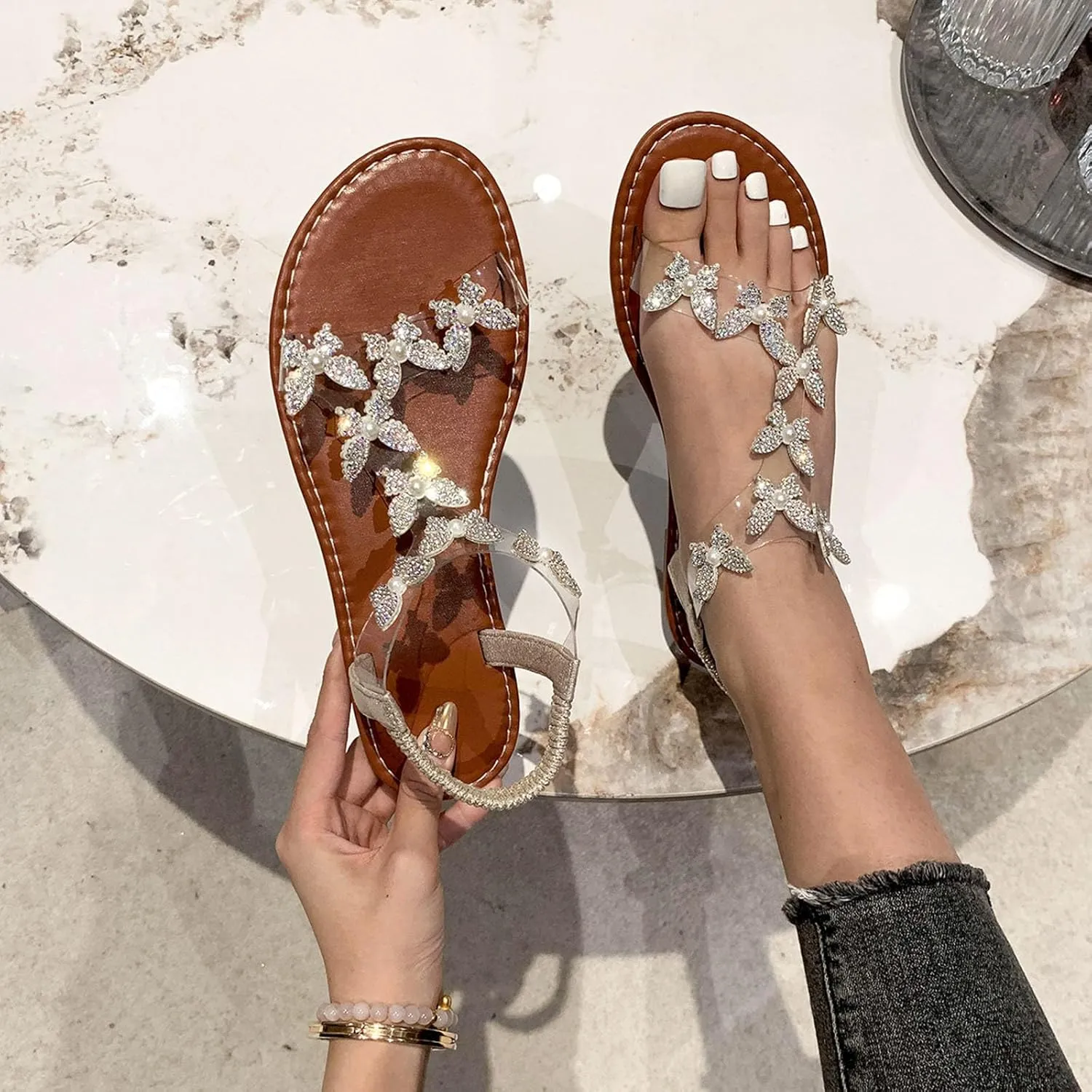 Butterfly Sandals for Women Rhinestones Elastic Ankle Strap Sandals Open Toe Slingback Fashion Butterfly Sandals