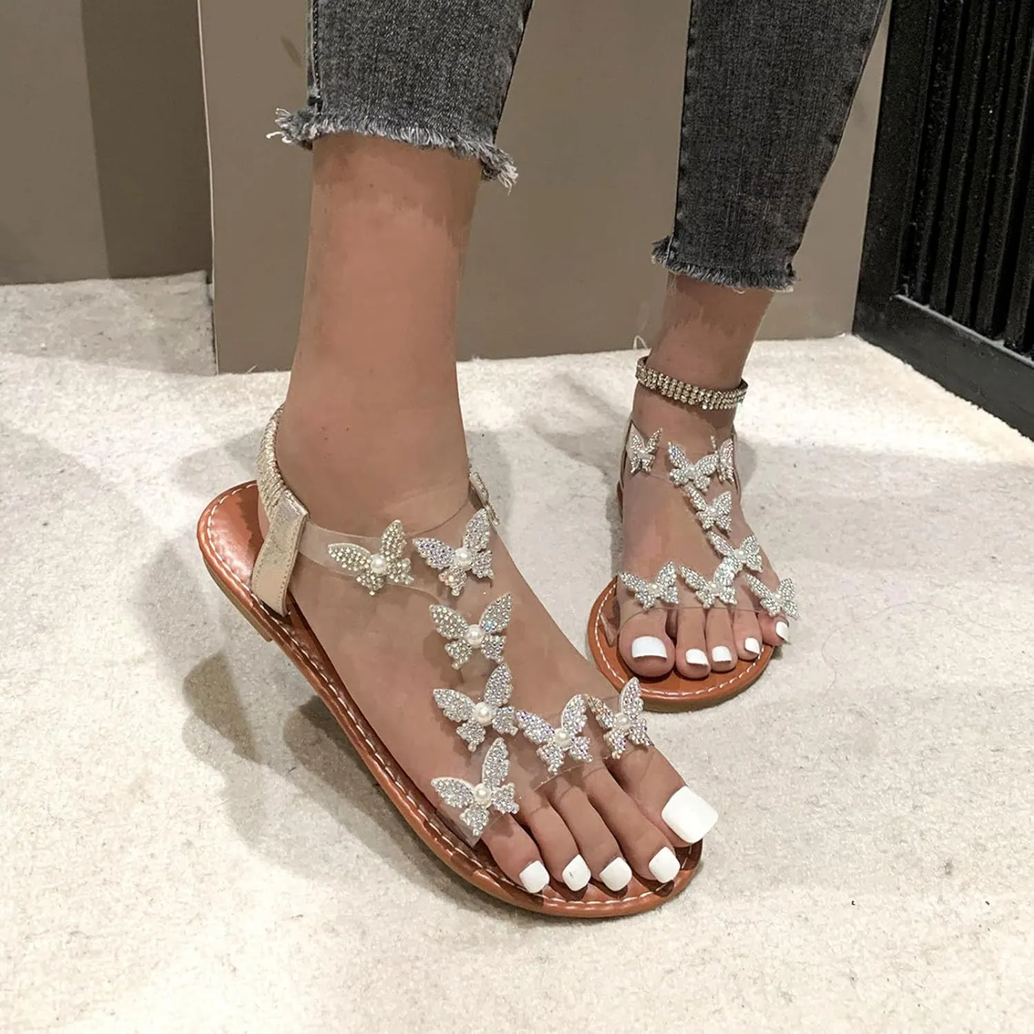 Butterfly Sandals for Women Rhinestones Elastic Ankle Strap Sandals Open Toe Slingback Fashion Butterfly Sandals