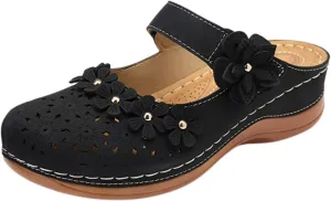 Clogs for Women Dressy Summer Closed Toe Wedge Sandals Casual Walking Shoes Hollow Out Vintage Anti Slip Slippers Flower Design Slip On Shoes