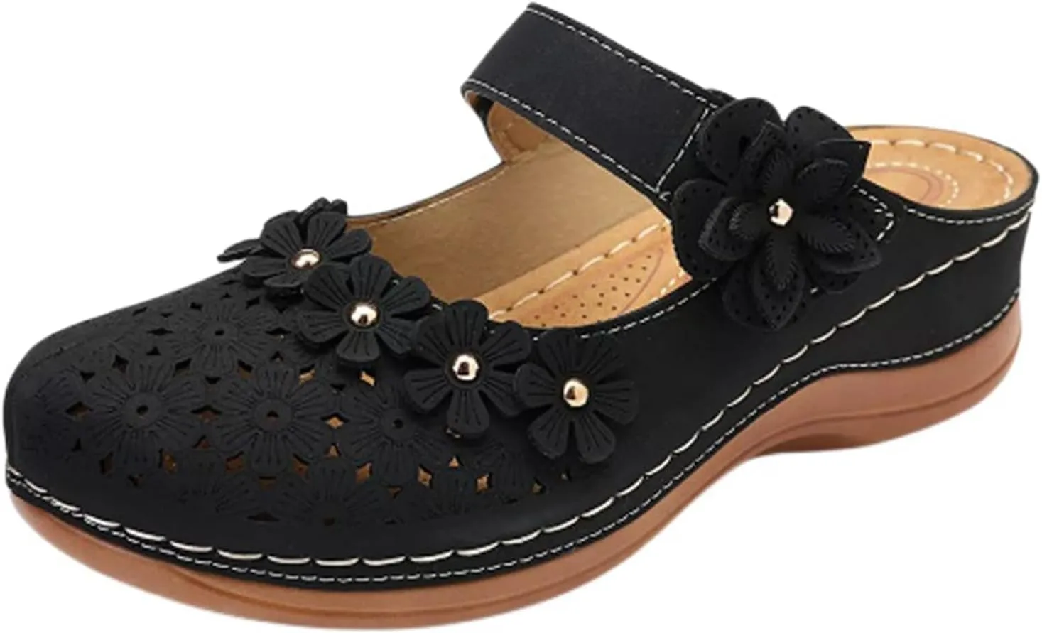 Clogs for Women Dressy Summer Closed Toe Wedge Sandals Casual Walking Shoes Hollow Out Vintage Anti Slip Slippers Flower Design Slip On Shoes