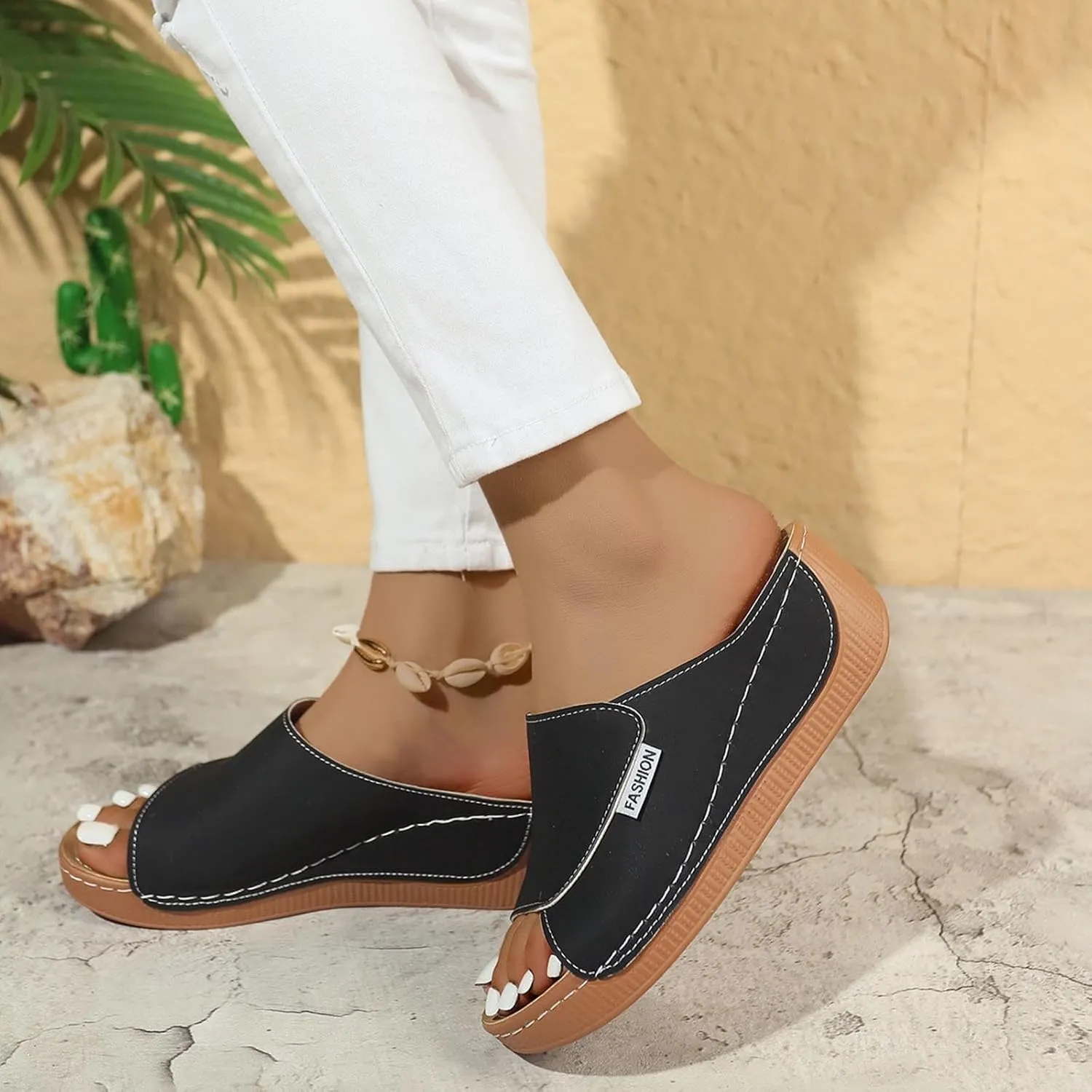 Comfortable Arch Support Slides Women 2025 Summer Orthotic Leather Platform Wedge Sandals Slip on Casual Walking Shoes