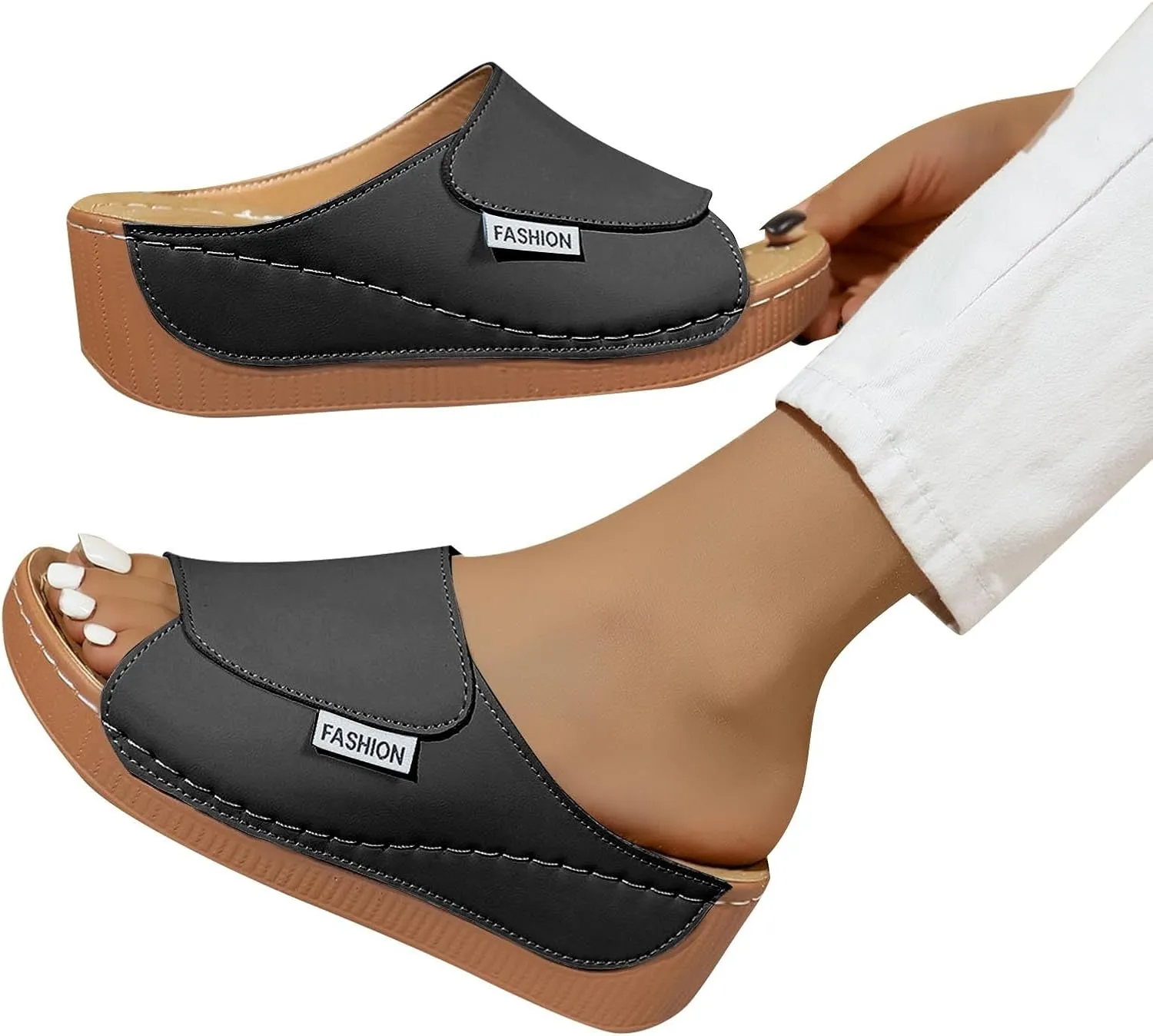 Comfortable Arch Support Slides Women 2025 Summer Orthotic Leather Platform Wedge Sandals Slip on Casual Walking Shoes