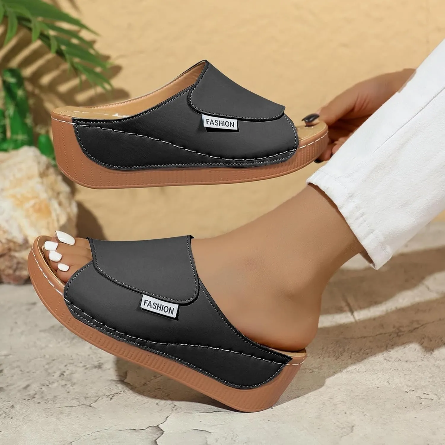 Comfortable Arch Support Slides Women 2025 Summer Orthotic Leather Platform Wedge Sandals Slip on Casual Walking Shoes
