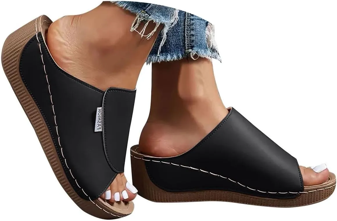 Eduavar Sandals for Women 2025 Casual Comfortable Arch Support Sandals Summer Orthotic Leather Platform Slip on Slippers