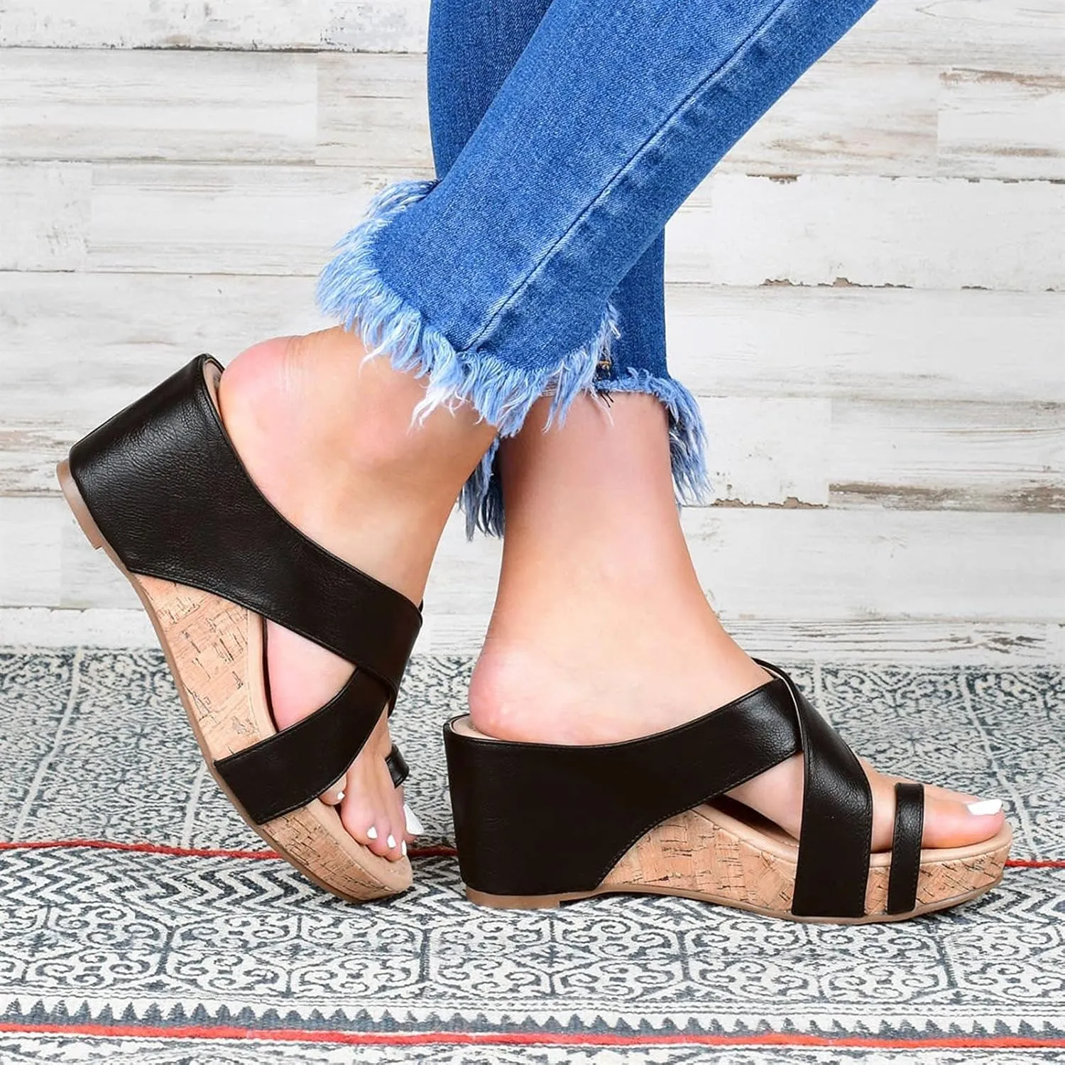 Eduavar Wedge Sandals for Women, Sandals Women Dressy Summer Ankle Strap Buckle Sandals Closed Toe Wedge Sandals