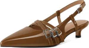 Eldof Women's Slingback Kitten Heels Buckle Strap Pointed Closed Toe Slip On Low Heel Pumps Shoes Dress 1.5 Inches
