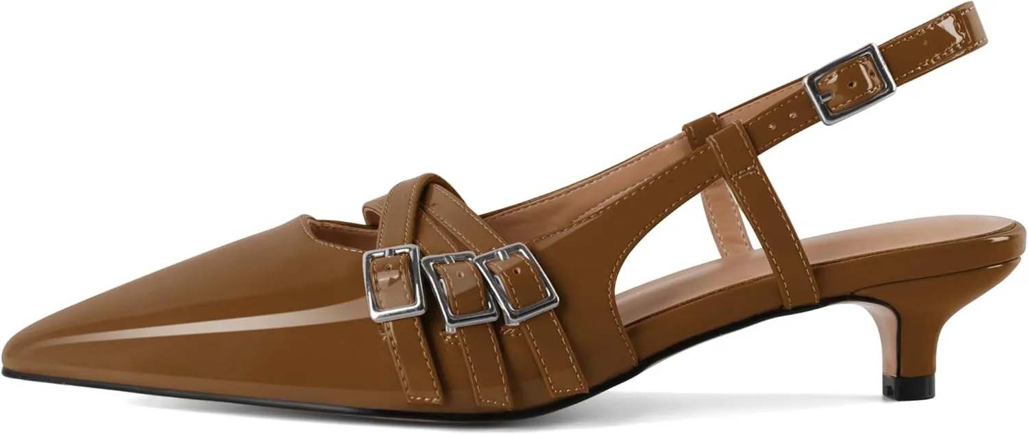 Eldof Women's Slingback Kitten Heels Buckle Strap Pointed Closed Toe Slip On Low Heel Pumps Shoes Dress 1.5 Inches
