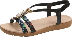 Flat Sandals for Women Dressy Walking Comfortable Slides Sandals Non Slip Sparkling Rhinestone Sandal with Adjustable Back Ankle Beach Bohemian Flat Sandal Shoes