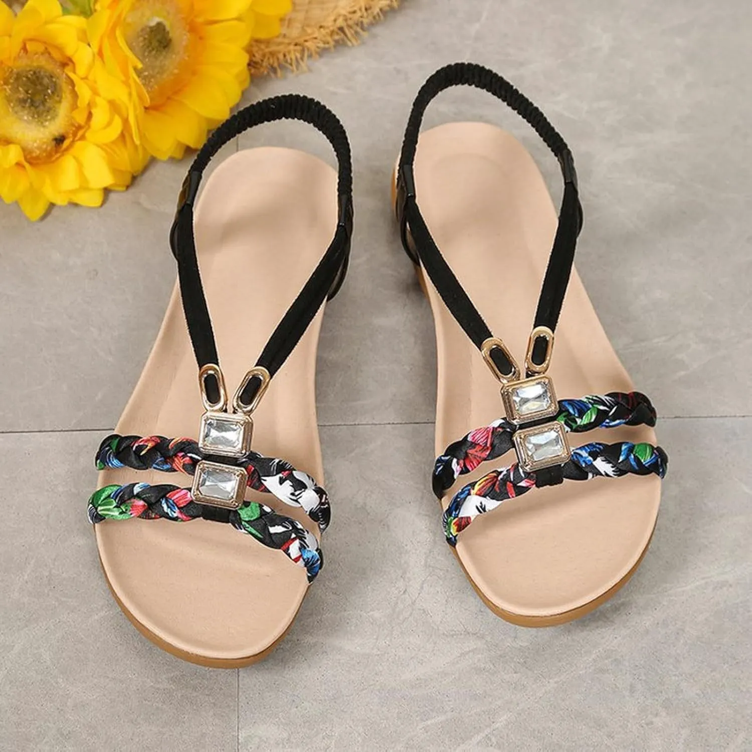 Flat Sandals for Women Dressy Walking Comfortable Slides Sandals Non Slip Sparkling Rhinestone Sandal with Adjustable Back Ankle Beach Bohemian Flat Sandal Shoes