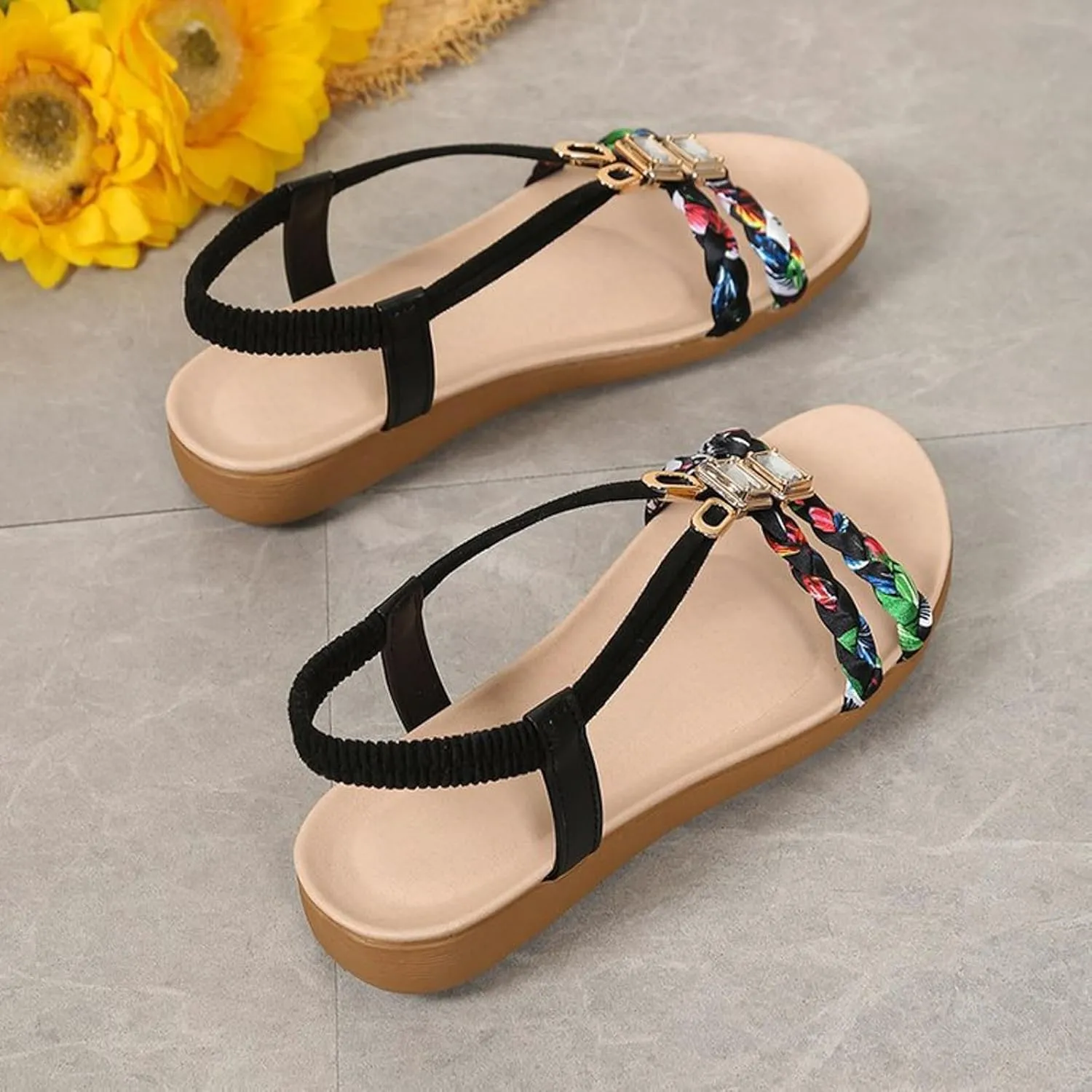 Flat Sandals for Women Dressy Walking Comfortable Slides Sandals Non Slip Sparkling Rhinestone Sandal with Adjustable Back Ankle Beach Bohemian Flat Sandal Shoes