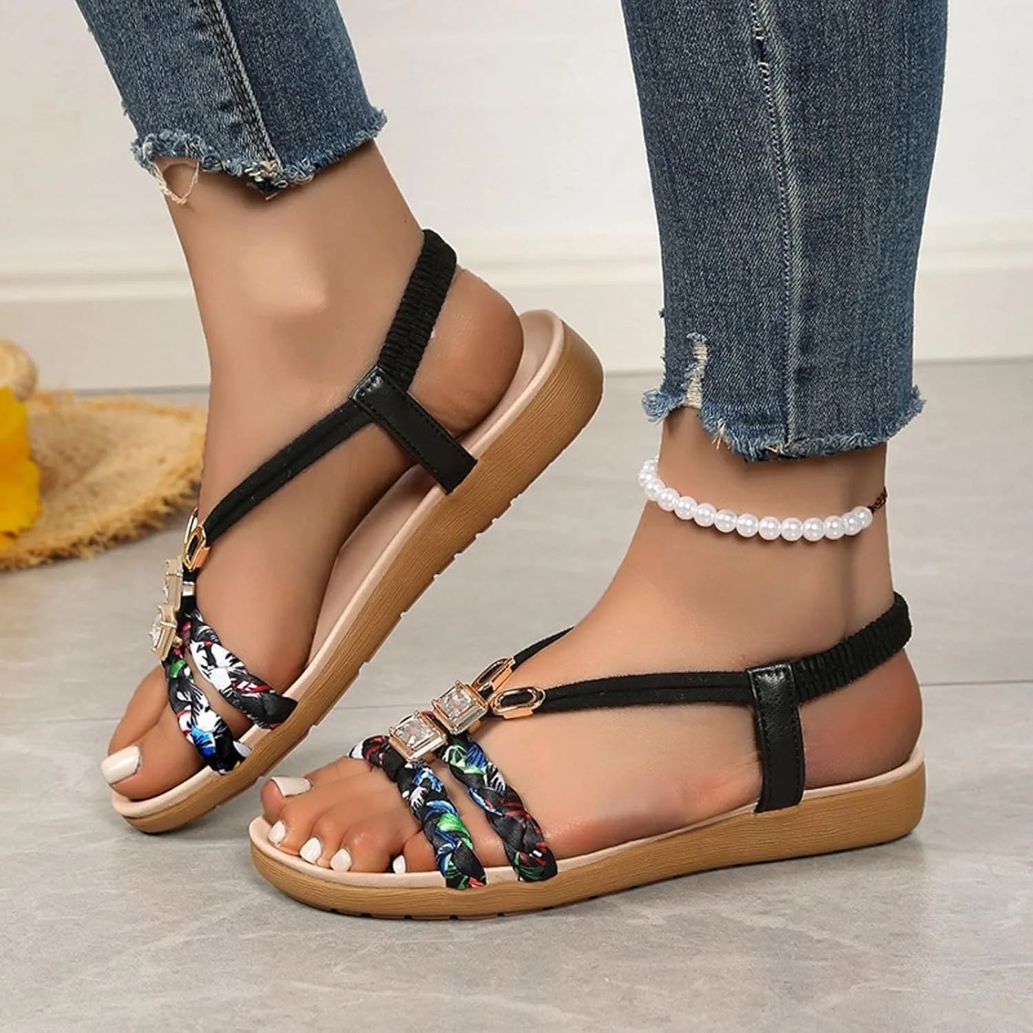 Flat Sandals for Women Dressy Walking Comfortable Slides Sandals Non Slip Sparkling Rhinestone Sandal with Adjustable Back Ankle Beach Bohemian Flat Sandal Shoes