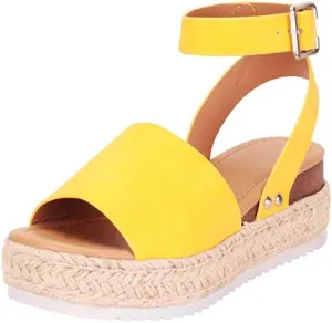 Fululuer Toe Studded Women's Buckle Ankle Rubber Sole Sandals Casual Open Strap Wedge Women's Sandals Sandals with Arch Support for Women Pretty (F-Yellow, 7)