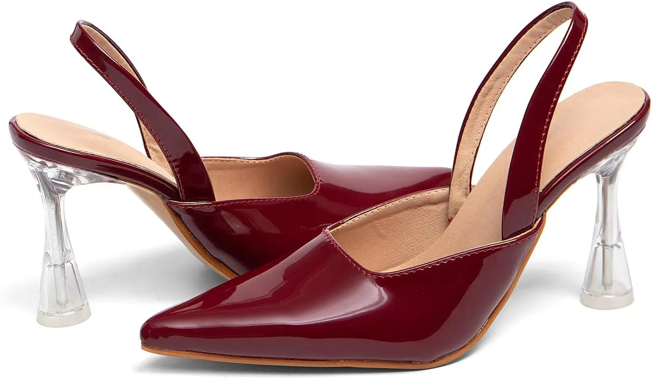 GATUXUS Women's Clear Kitten High Heels Slingback Pumps Shoes Pointed Toe Backstrap Wedding Party Dress Sandals