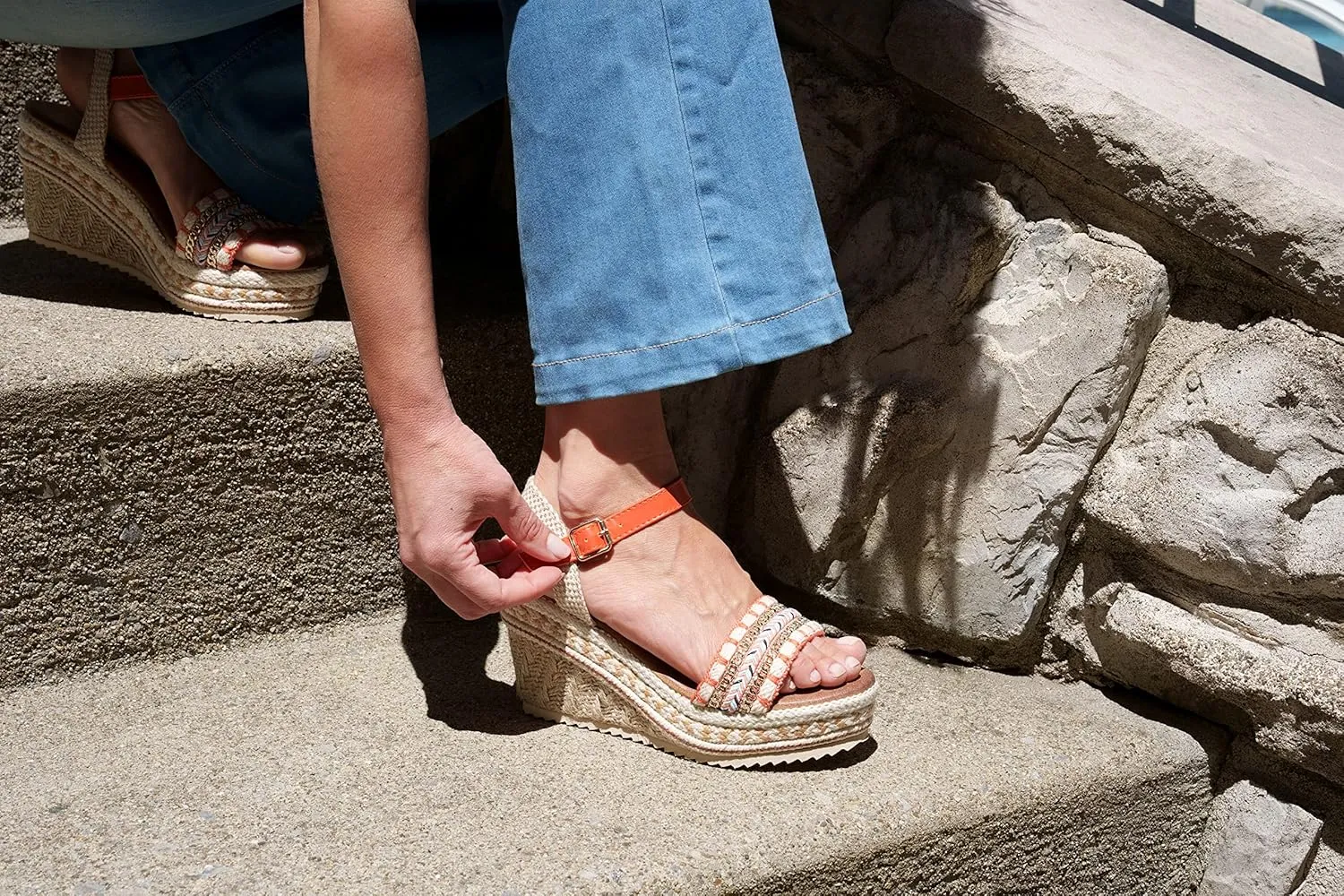 GC Shoes Women's Open Toe Memory Foam Summer Espadrille Wedge Sandals, Braided Strap Ankle Platform Heels, Cheri