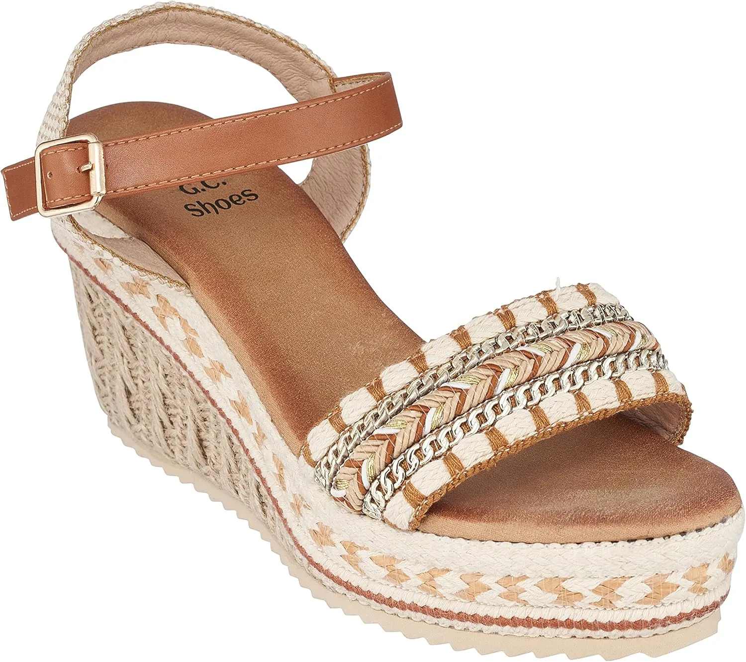 GC Shoes Women's Open Toe Memory Foam Summer Espadrille Wedge Sandals, Braided Strap Ankle Platform Heels, Cheri
