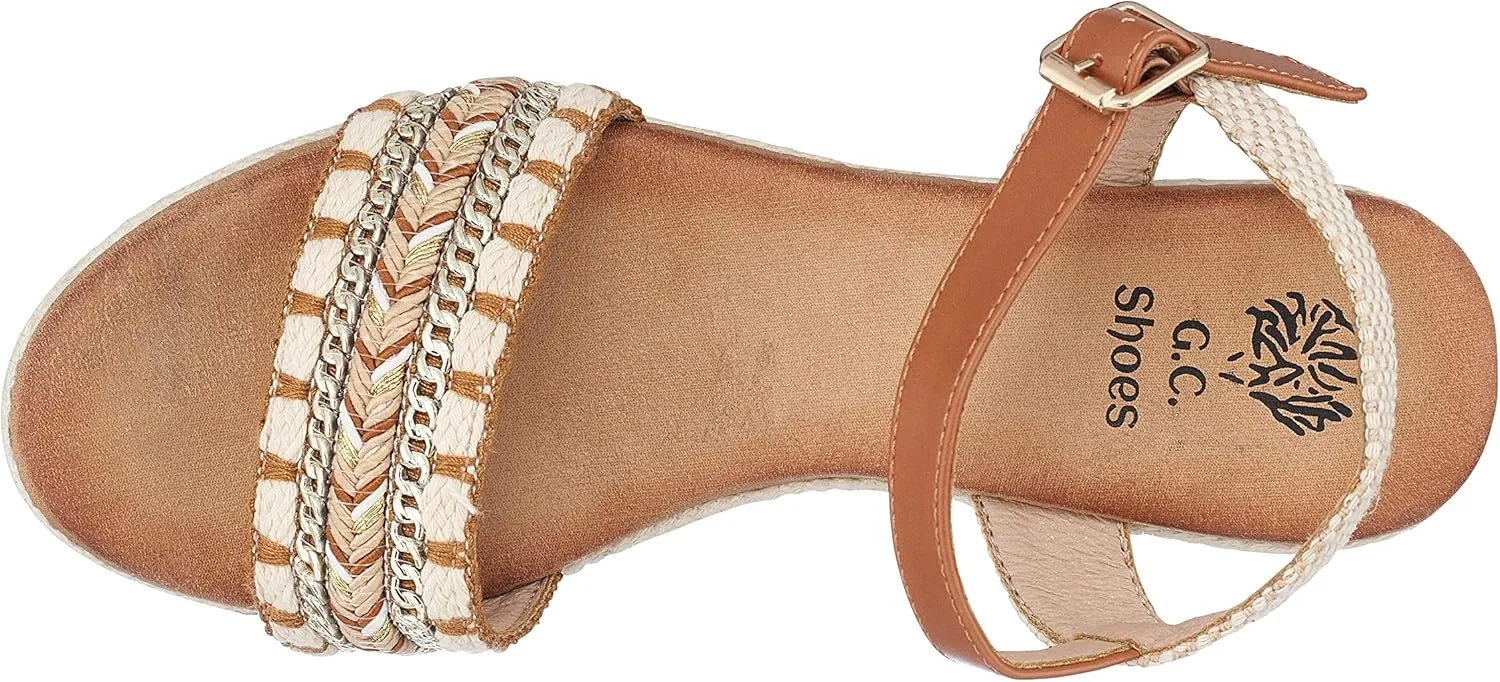 GC Shoes Women's Open Toe Memory Foam Summer Espadrille Wedge Sandals, Braided Strap Ankle Platform Heels, Cheri