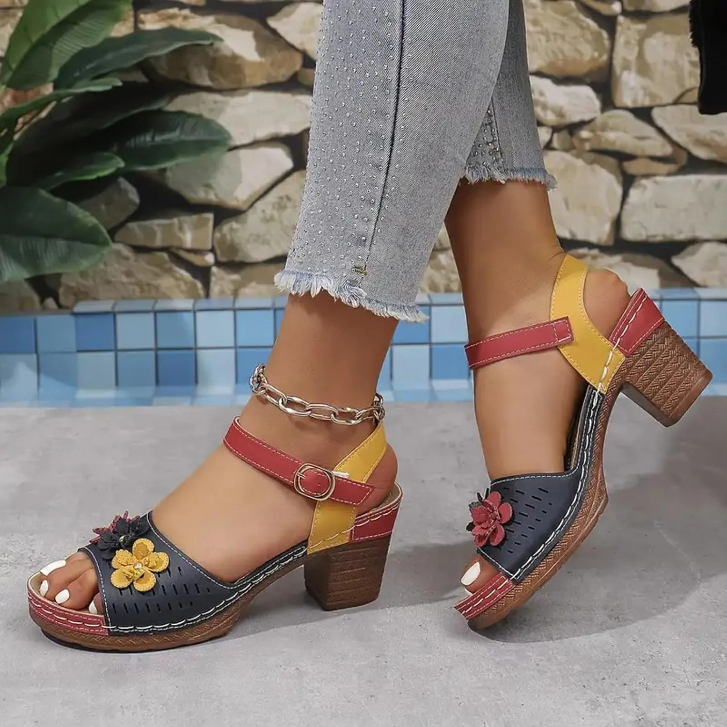 Hbeylia Women's Block Heel Sandals Dressy Open Toe Colorblock Fashion Flowers Hollow Out Chunky Platform High Heels Sandals Wedding Party Evening Prom Dance Ankle Strap Dress Pumps Sandals Shoes