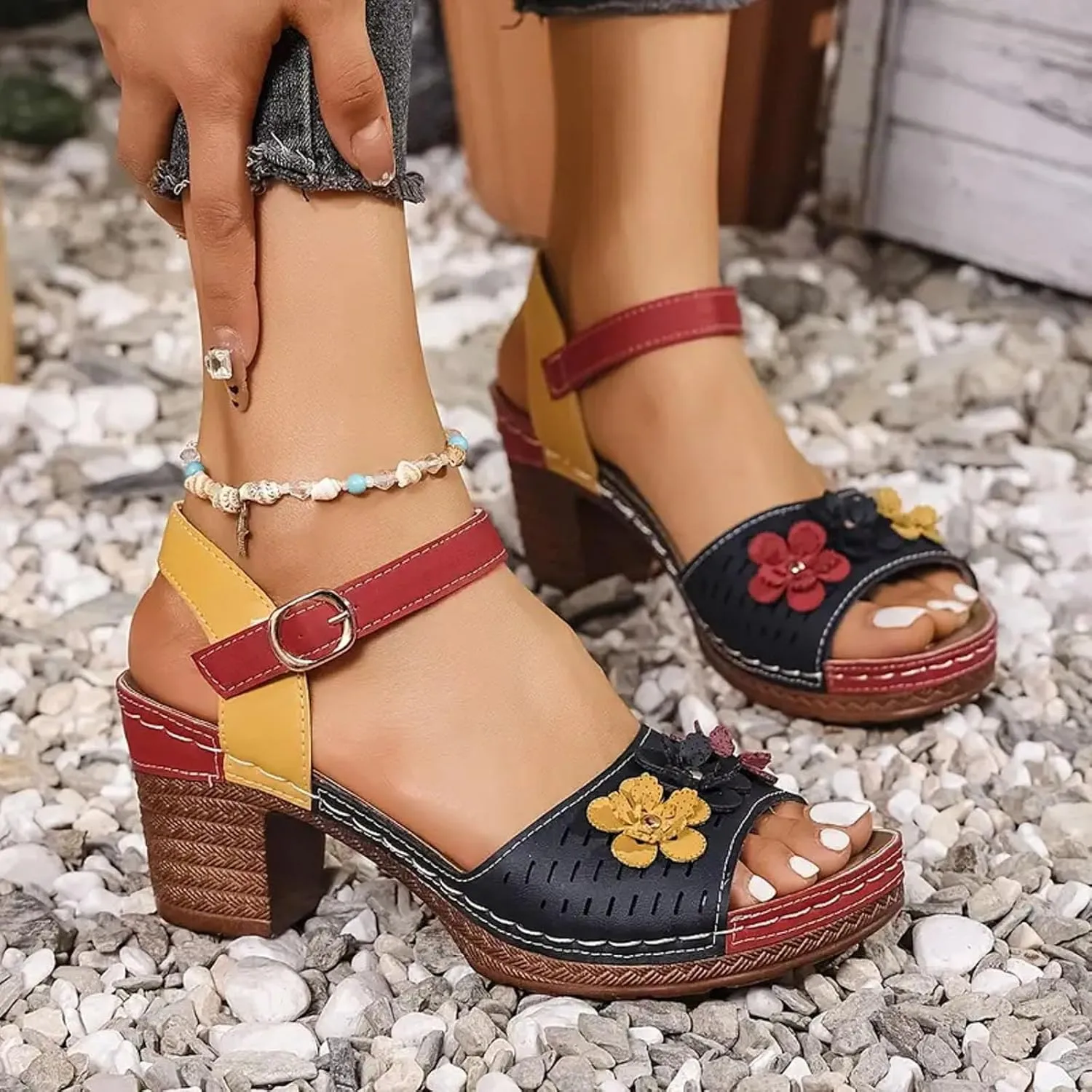 Hbeylia Women's Block Heel Sandals Dressy Open Toe Colorblock Fashion Flowers Hollow Out Chunky Platform High Heels Sandals Wedding Party Evening Prom Dance Ankle Strap Dress Pumps Sandals Shoes