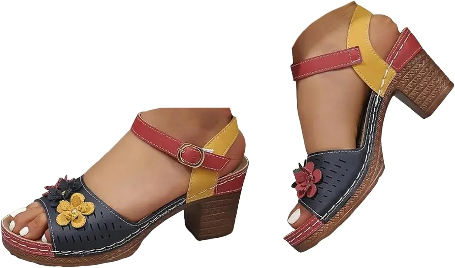 Hbeylia Women's Block Heel Sandals Dressy Open Toe Colorblock Fashion Flowers Hollow Out Chunky Platform High Heels Sandals Wedding Party Evening Prom Dance Ankle Strap Dress Pumps Sandals Shoes