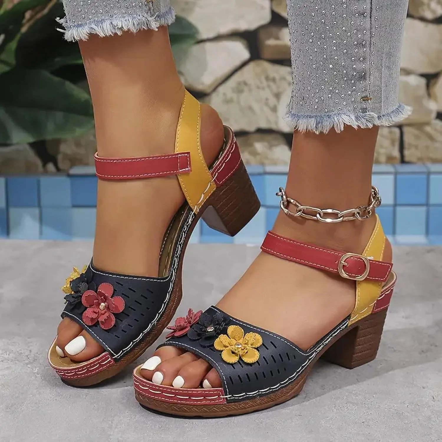 Hbeylia Women's Block Heel Sandals Dressy Open Toe Colorblock Fashion Flowers Hollow Out Chunky Platform High Heels Sandals Wedding Party Evening Prom Dance Ankle Strap Dress Pumps Sandals Shoes