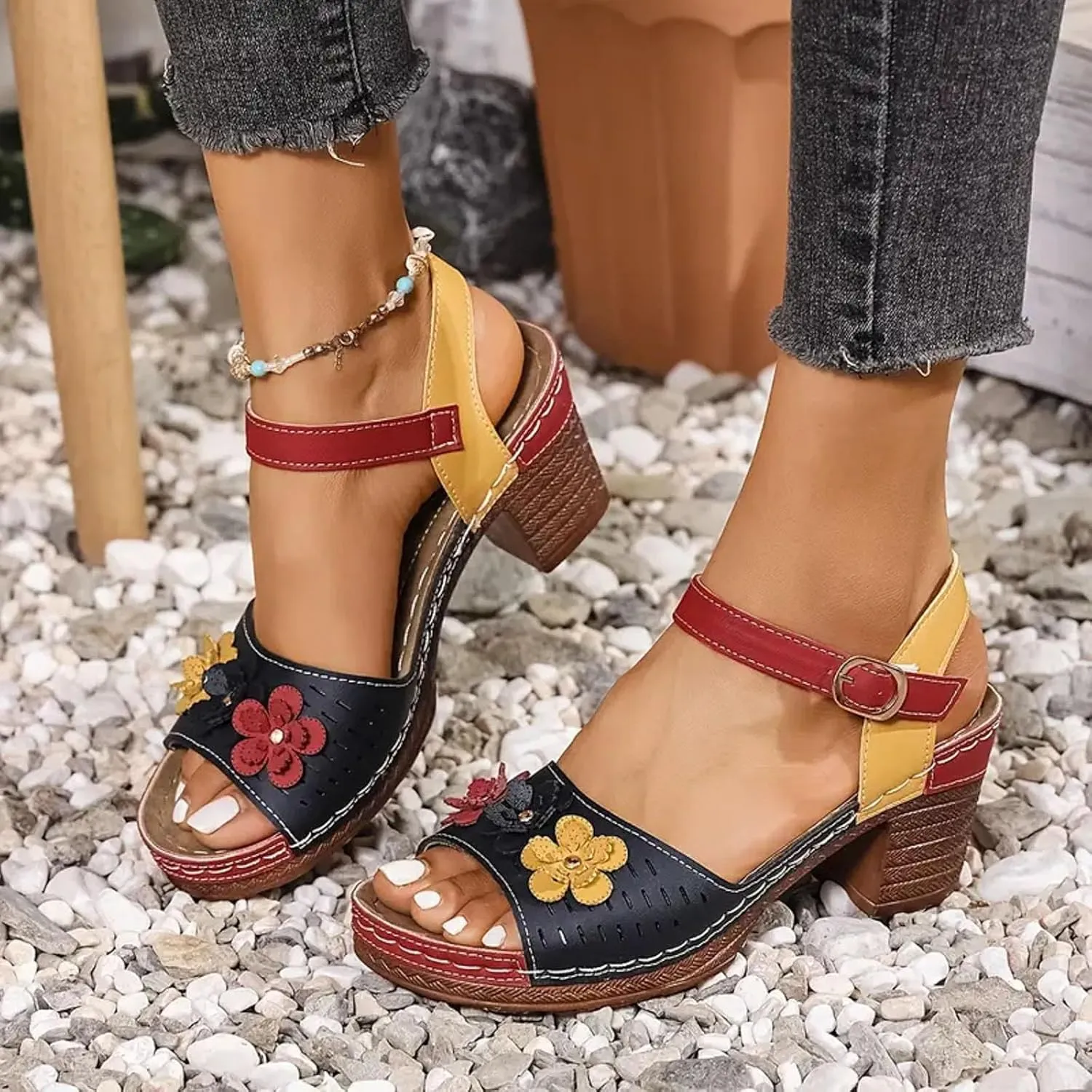 Hbeylia Women's Block Heel Sandals Dressy Open Toe Colorblock Fashion Flowers Hollow Out Chunky Platform High Heels Sandals Wedding Party Evening Prom Dance Ankle Strap Dress Pumps Sandals Shoes