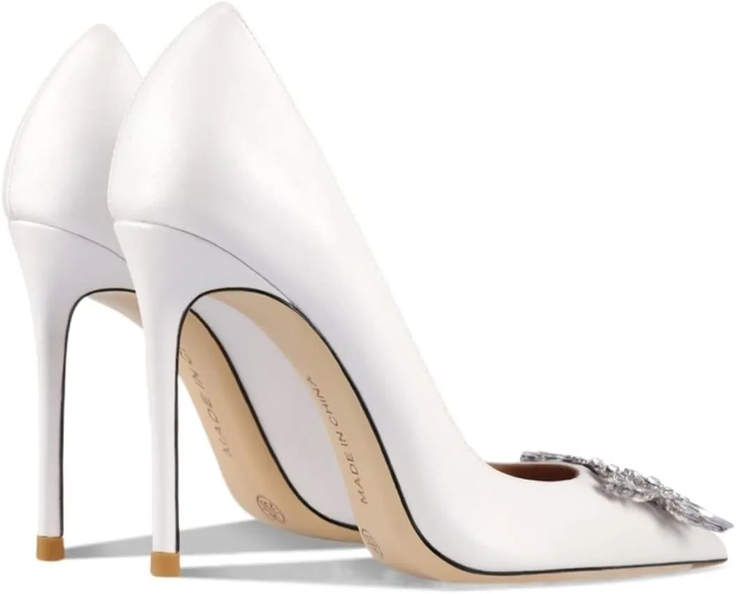 Heels for Women Luxury Women's high Heels White Silk Rhinestone high Heels Slim Heels Pointed Toe high Heels Wedding Bride(10.5)