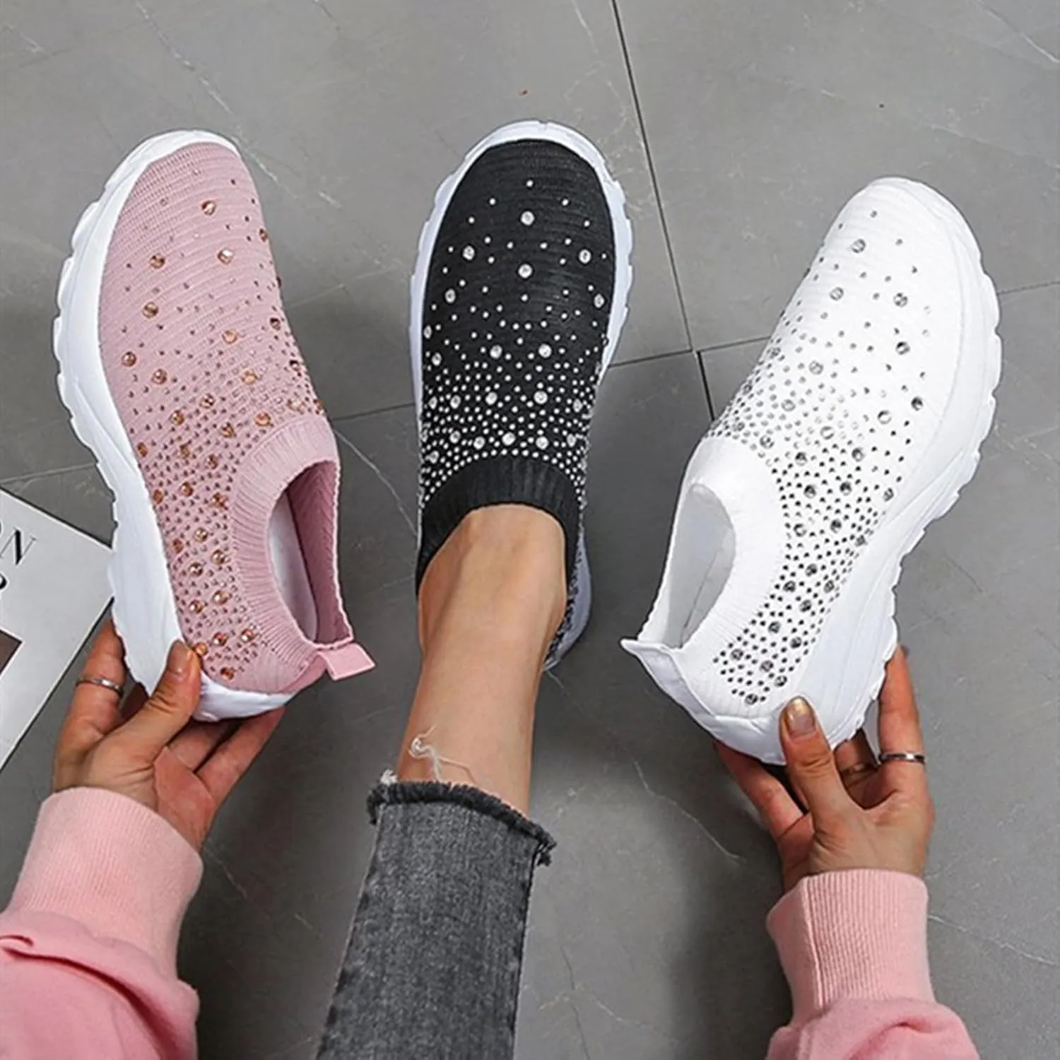 HINDOLA Women's Walking Shoes Lightweight Flats Athletic Running Shoes Rhinestone Non Slip Tennis Sneakers