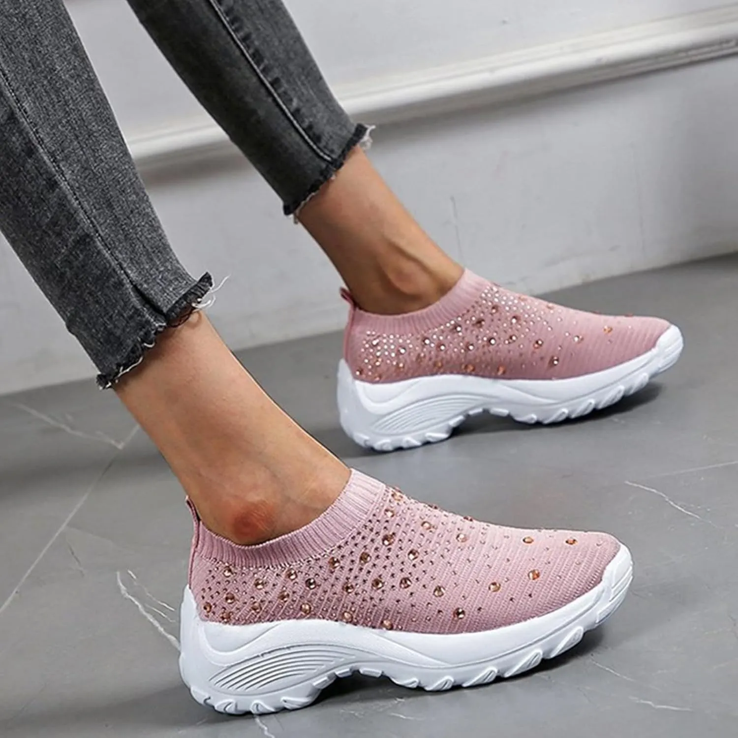HINDOLA Women's Walking Shoes Lightweight Flats Athletic Running Shoes Rhinestone Non Slip Tennis Sneakers