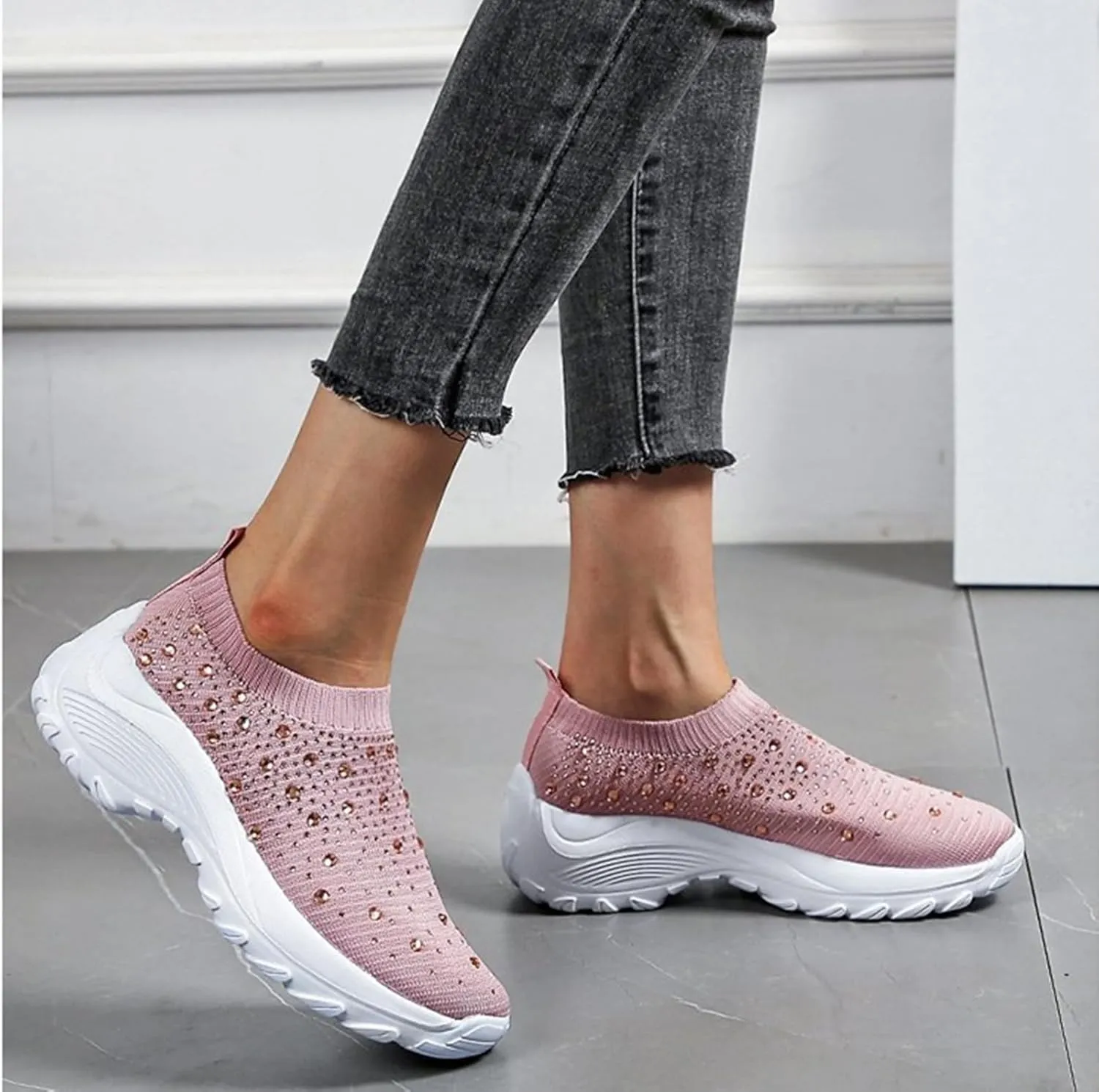 HINDOLA Women's Walking Shoes Lightweight Flats Athletic Running Shoes Rhinestone Non Slip Tennis Sneakers