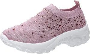 HINDOLA Women's Walking Shoes Lightweight Flats Athletic Running Shoes Rhinestone Non Slip Tennis Sneakers