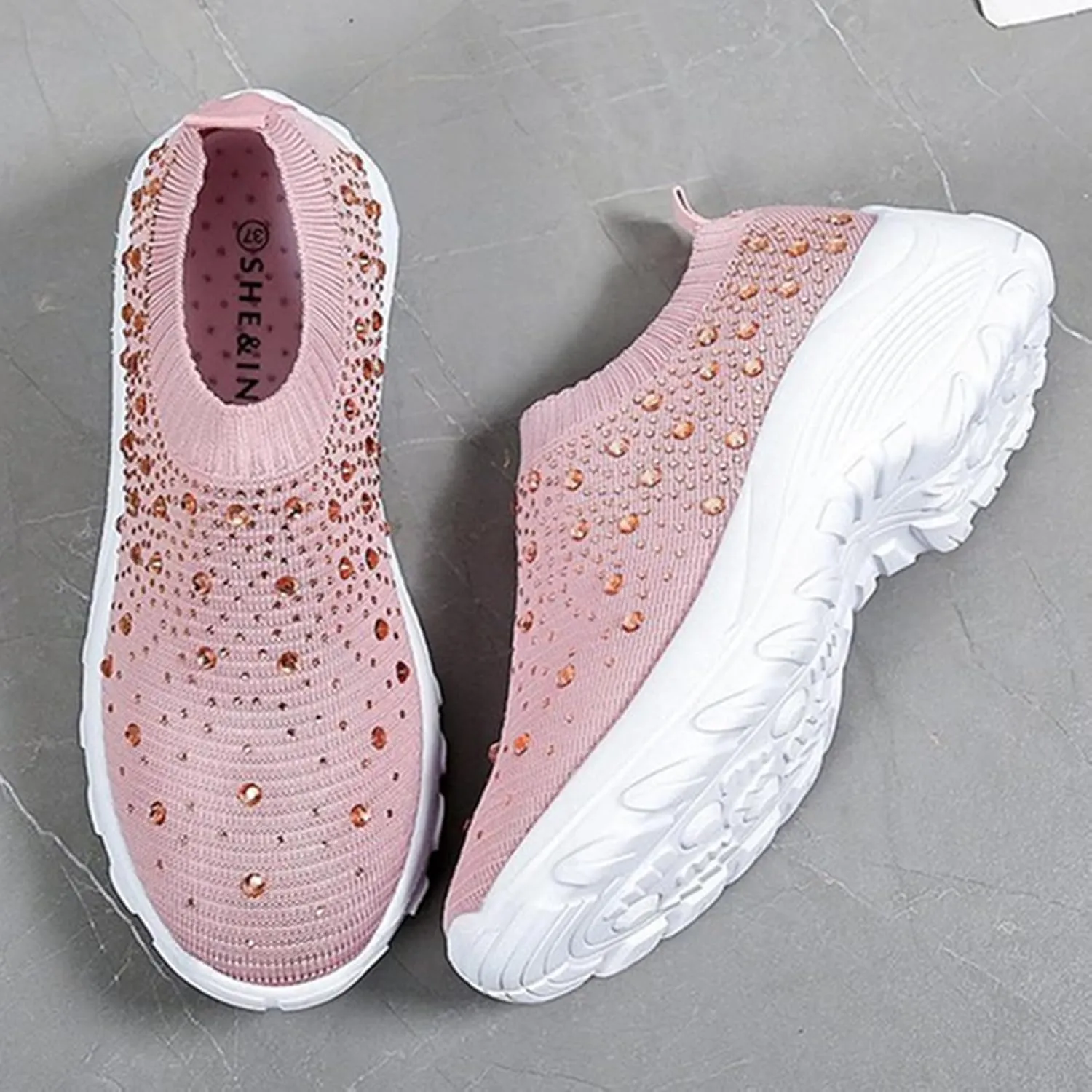 HINDOLA Women's Walking Shoes Lightweight Flats Athletic Running Shoes Rhinestone Non Slip Tennis Sneakers