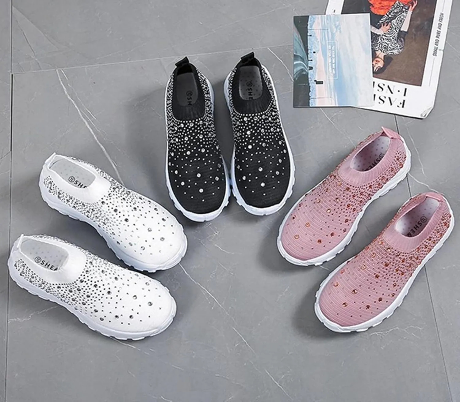 HINDOLA Women's Walking Shoes Lightweight Flats Athletic Running Shoes Rhinestone Non Slip Tennis Sneakers