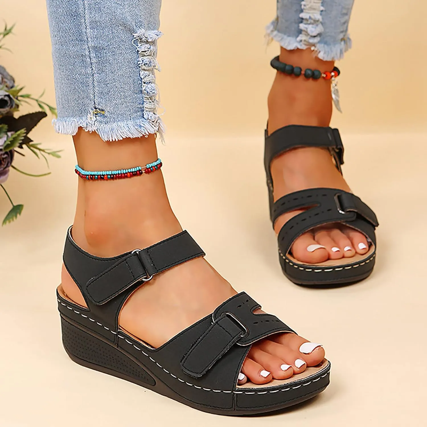 Hook And Loop Fastener Strap Wedge Sandals For Women Ladies Girls Comfortable Wedges Sandals Causal Shoes Summer
