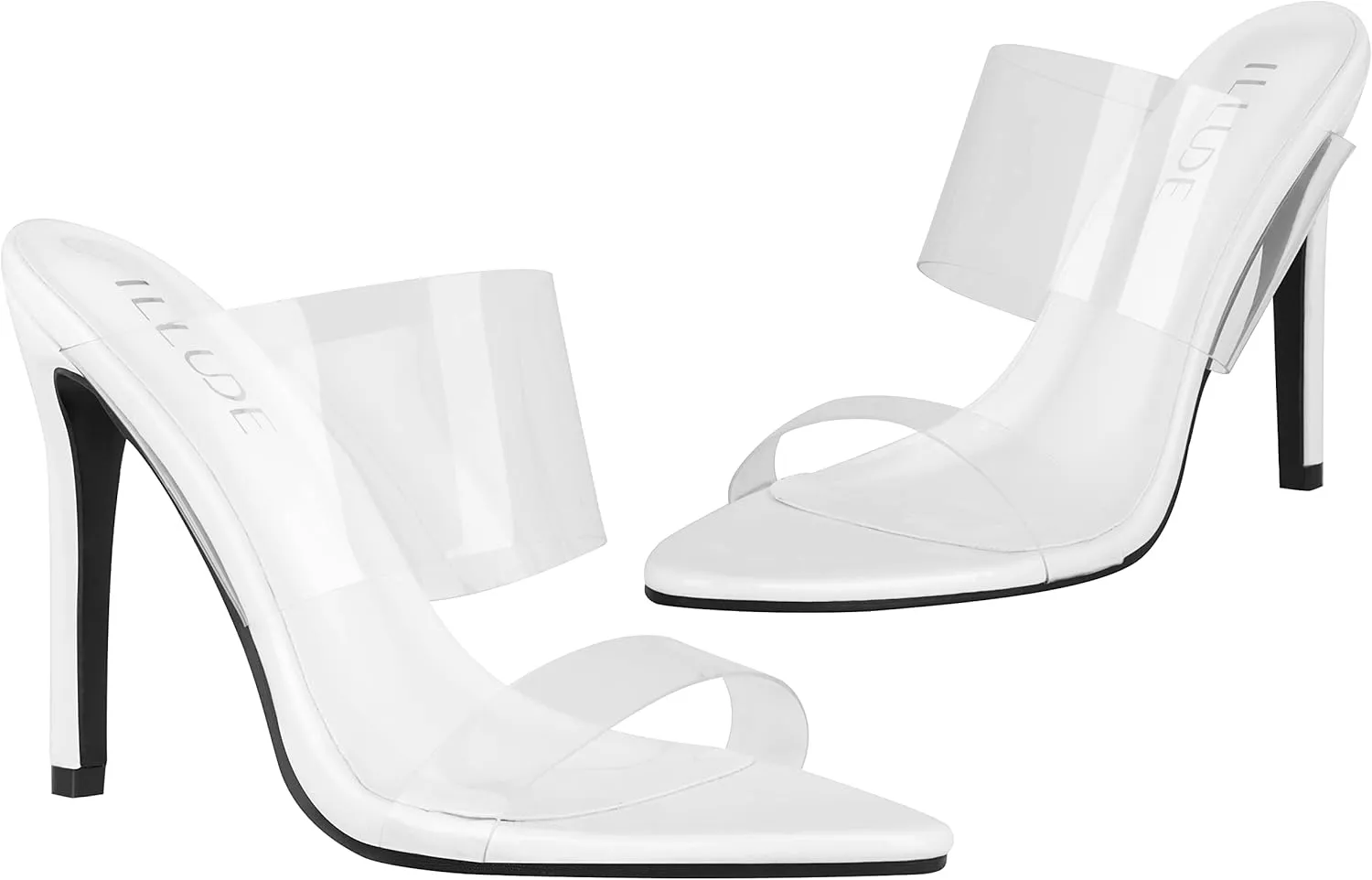 ILLUDE Womens Clear Pointed Toe Sandals Stiletto Heels Transparent Strap High Heels Slip on Mules