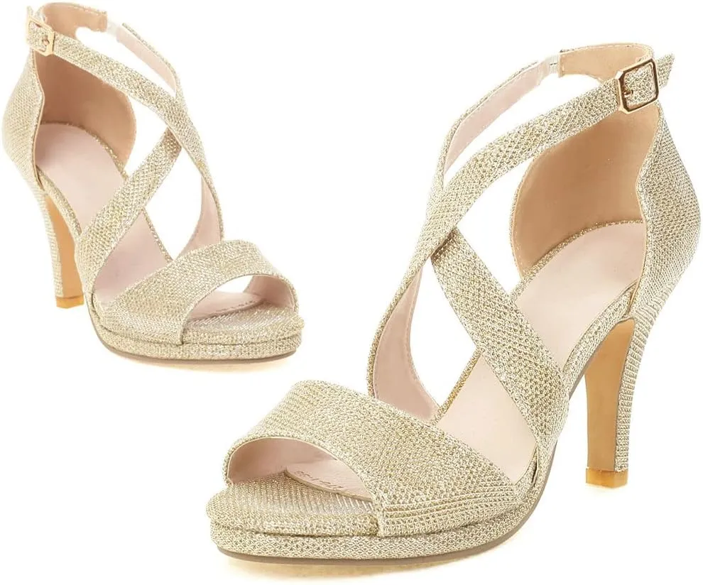 KOKOMOMO Womens Glitter High Heels Sparkly High Heel Strappy Wedding Sandals