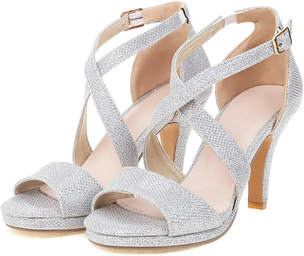 KOKOMOMO Womens Glitter High Heels Sparkly High Heel Strappy Wedding Sandals